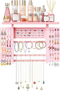 Emfogo Jewelry Organizer Hanging Wall Mounted Jewelry Holder, 5-in-1 Large Capacity Wood Necklace Organizer Wall Display for Ring, Necklaces, Bracelets, Earrings (Pink) by Emfogo