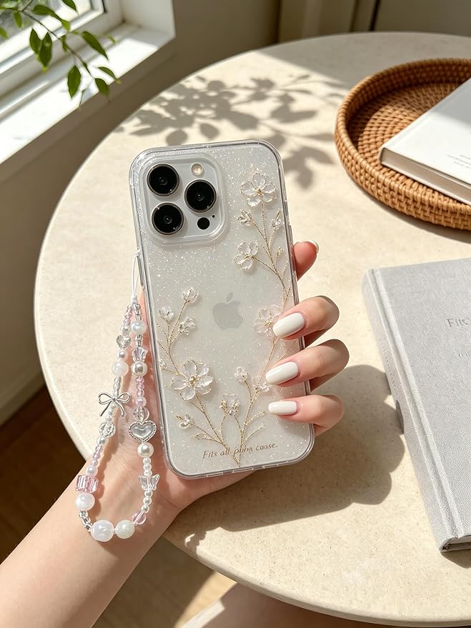 2 Pcs Phone Charm Strap Hand Wrist Strap Camera Lanyard Pearl Beaded Cute Chain String Accessories Universal for iPhone 17 Pro Max 16 15 14 for Samsung Women Girls Keychain Bag White Pearls and Bows - Image 4