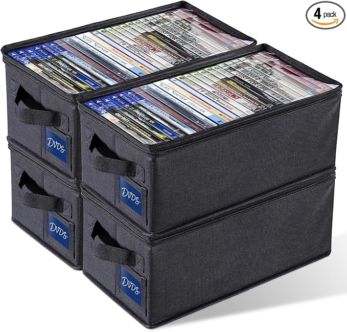 CCidea DVD Storage Box with Clear Window - 15.75" Foldable Media Organizer, Premium Zipper Closure, Holds 27+ DVDs, Dustproof Non-woven Fabric, Reinforced Handles & Label Slot (4 Pack) by CCidea