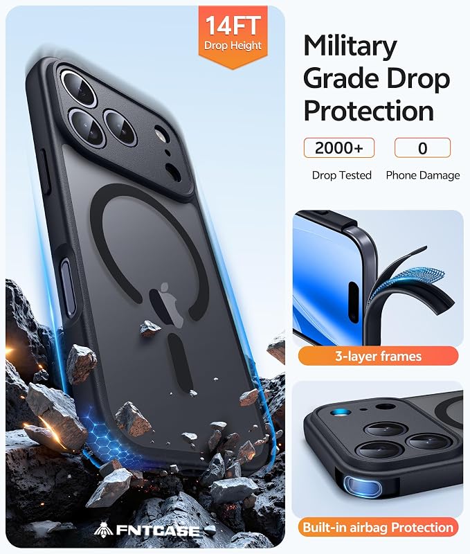 FNTCASE for iPhone 17 Pro Max Case, Fit for Magsafe, Screen Protector | Full Camera Protection, Translucent Matte, 14FT Military Grade Drop Proof, Shockproof Protective Phone Cover, Black - Image 5
