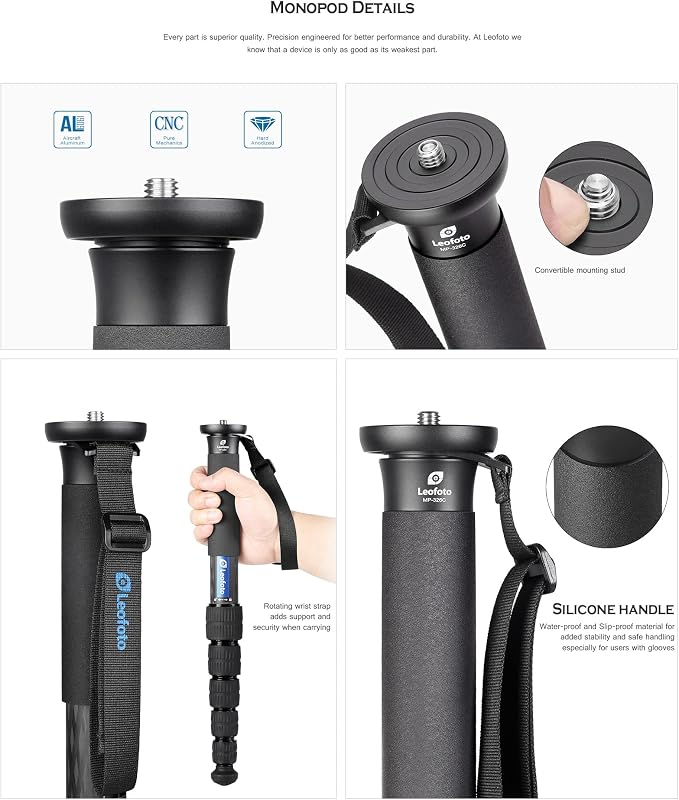 Leofoto MP-285C+VH-10S Monopod and Tilt Head Set, Carbon Fiber, VH-10S Monopod Head, 5 Leg Sections, Arca Compatible (MP-285C+VH-10S Set) - Image 7