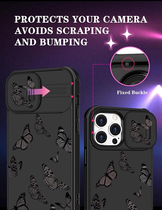 (2in1 for iPhone 13 Pro Max Case for Women Butterfly Girly Phone Cover Cute Black Butterflies Unique Design with Slide Camera Cover Protective Fashion Cases for Apple 13 Pro Max 6.7'' - Image 3