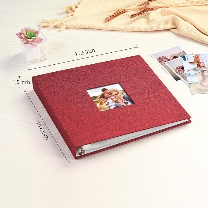 Mublalbum 10x10 Inch 3 Ring DIY Scrapbook Photo Album 80 Pages, Red | 3 Ring Binder Scrapbook, Linen Cover, 40 Plastic Sleeves 80 Pages, Memory Book for Wedding, Baby, Family, DIY Projects - Image 2
