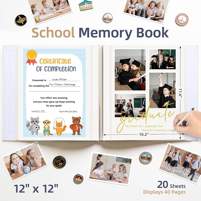 Large School Photo Album 12x12In Self Adhesive 40 Pages Beige | Linen cover, Marker, Corner stickers, School memories, Kids keepsake - Image 2