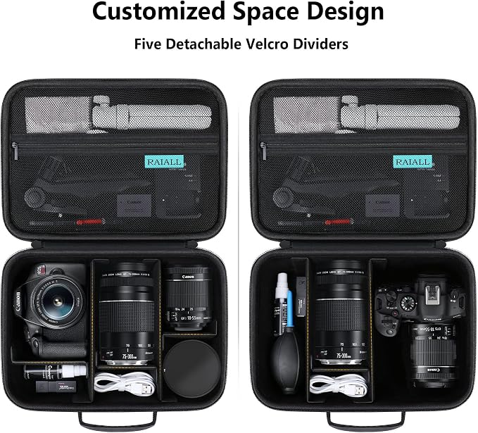 RAIALL Case for Canon EOS Rebel T7/R50/R100/Sony/Nikon D7500 Camera, Black | for R50V/R8/R10/RP/R7/R6 Mark II/R5 DSLR SLR, Lens, Tripod, Hard Protective Travel Bag with a Shoulder Strap and 5 Dividers - Image 4