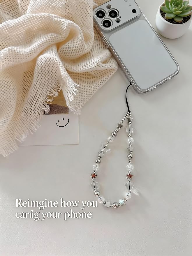 2 Pcs Phone Charm Strap Hand Wrist Strap Camera Lanyard Pearl Beaded Cute Chain String Accessories Universal for iPhone 17 Pro Max 16 15 14 for Samsung Women Girls Keychain Bag Autumn Crystal and Star - Image 7