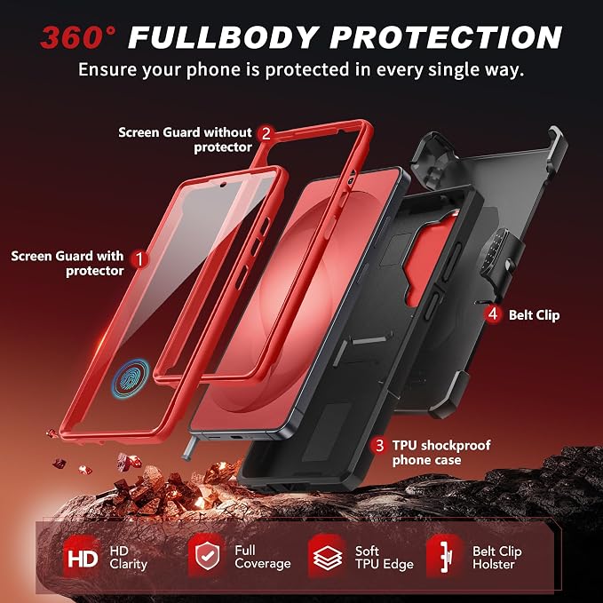 TONGATE Magnetic Stand for Samsung Galaxy S26 Ultra Case, Compatible with Magsafe, [Camera Cover & 2 Front Frames][Military Drop Protection] S26 Ultra Case Built-in Screen Protector & Belt Clip, Red - Image 8