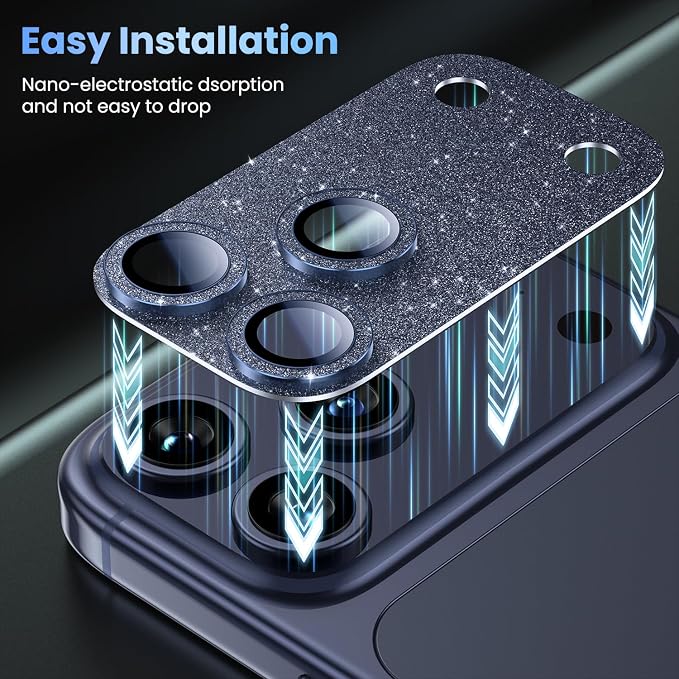 Uyiton for iPhone 17 Pro Camera Lens Protector - Metal Camera Protector | Not Easy to Break, Strong Adsorption, Case-Friendly, Metal 9H Sapphire Glass Rear Camera Screen Cover, Glitter Blue - Image 7