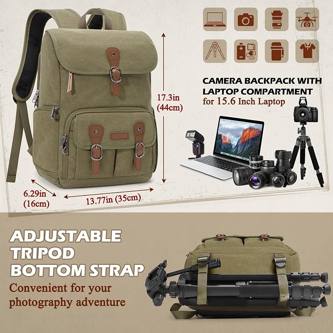 RAINSMORE Camera Backpack, DSLR SLR Mirrorless Camera Bag for Photographer | 15.6 Inch Vintage Canvas Camera Case with Laptop Compartment & Tripod Holder & Rain Cover for Sony Canon Nikon Fujifilm Green - Image 6