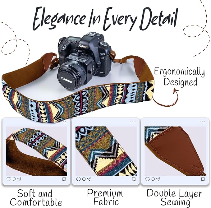 Art Tribute Camera Strap - Shoulder, Crossbody & Neck Camera Strap for Photographers, Fits All Cameras, Canon Nikon Sony Fujifilm, Padded Strap W/Quick Release, Embroidered Cotton & Leather Ends - Image 3
