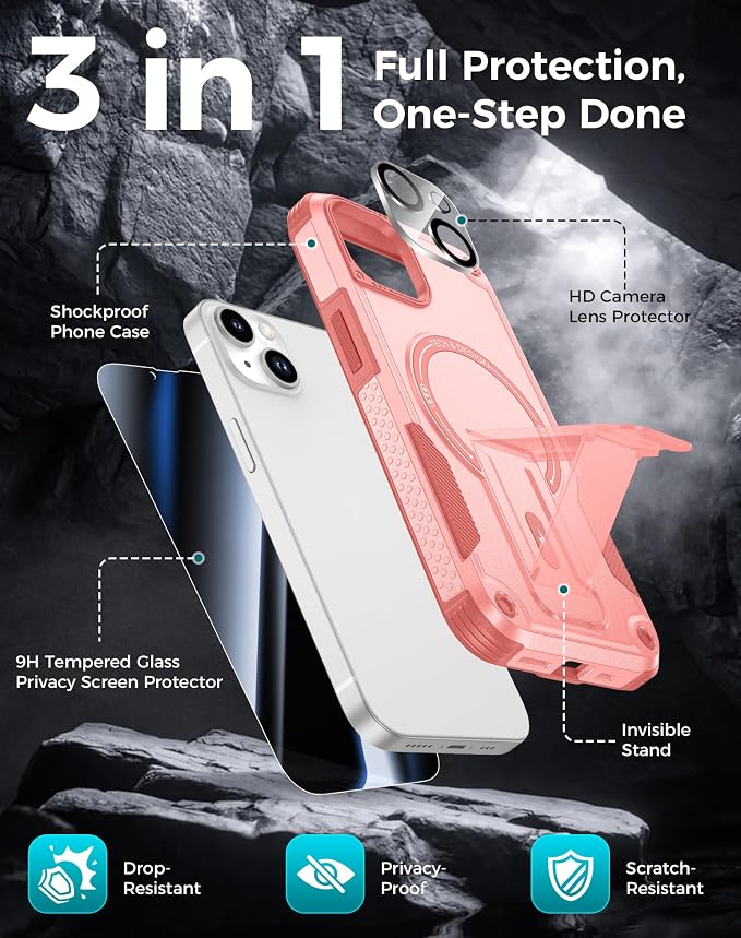 Goton 3 in 1 for iPhone 14 Case with Privacy Screen Protector Pink | Glass Camera Lens Protector,Compatible for MagSafe,Invisible Kickstand, Shockproof Phone Cover for iPhone14 - Image 3