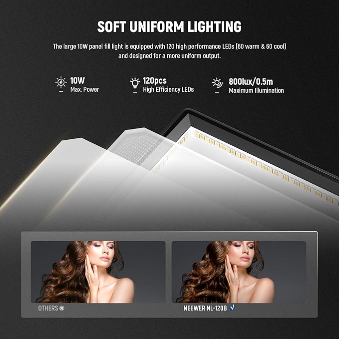 NEEWER Basics 9" LED Video Light Panel, 3200-5600K Edge Lit Dimmable Camera Soft Key Lighting, CRI95+ 800Lux 4000mAh Rechargeable for Video Recording Streaming Selfie Vlog Studio Photography, NL-120B - Image 3