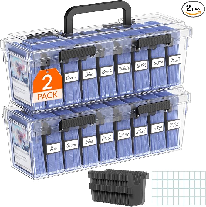 Lifewit Trading Card Storage Box with Handle, Fit for Toploader, 2 Pcs | Stackable Reinforced Latch Case with 8 Adjustable Dividers, Writable Labels, Organizer for MTG TCG Sports Baseball Bulk Cards by Lifewit