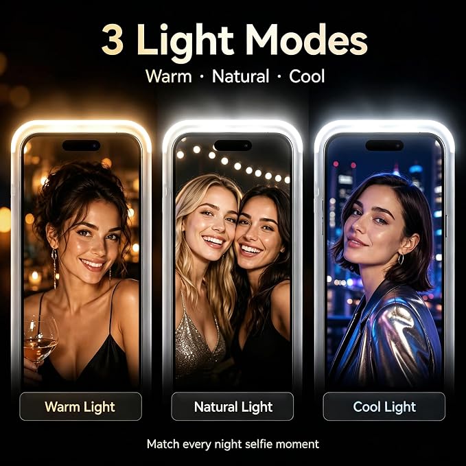 for iPhone 16 Case with Selfie Light, 3 Color Modes (Black) | Compatible with MagSafe,Brightness Control, Memory Setting, USB-C Light Charging, Cable Included - Image 3