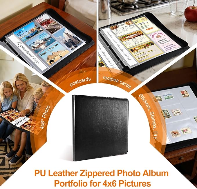Zippered Binder Photo Album 4x6 – 20 Pack 4x6 Page Protectors in Leather Wallet, Holds 200 Horizontal & Vertical Photos, Large Capacity Photo Albums Book for Family Wedding Anniversary Baby, Black - Image 6
