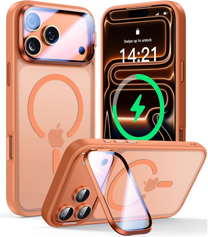 VOFATA [Upgraded Full Camera Protection] for iPhone 17 Pro Case with Camera Cover Stand [Fit for MagSafe][10FT Mil-Grade Protection] Translucent Magnetic iPhone 17 Pro Phone Case, Orange by VOFATA