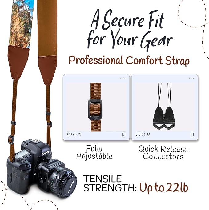 Art Tribute Camera Strap - Shoulder, Crossbody & Neck Camera Strap for Photographers, Fits All Cameras, Canon Nikon Sony Fujifilm, Padded Strap W/Quick Release, Embroidered Cotton & Leather Ends - Image 4