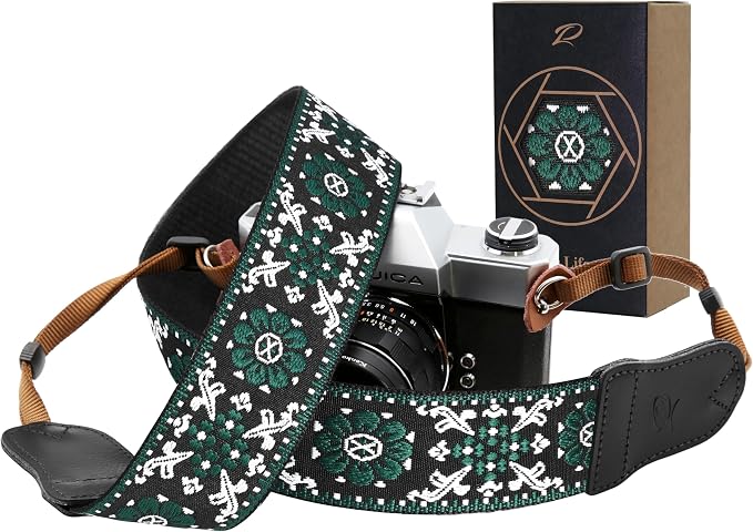 Padwa Lifestyle Camera Strap - 2" Cowhide Leather Head Cotton Camera Straps for Photographers,Vintage Jacquard Embroidery Adjustable Neck & Shoulder Strap for ALL DSLR/SLR Cameras (Green Flower) by PadwaLifestyleCameraStrap