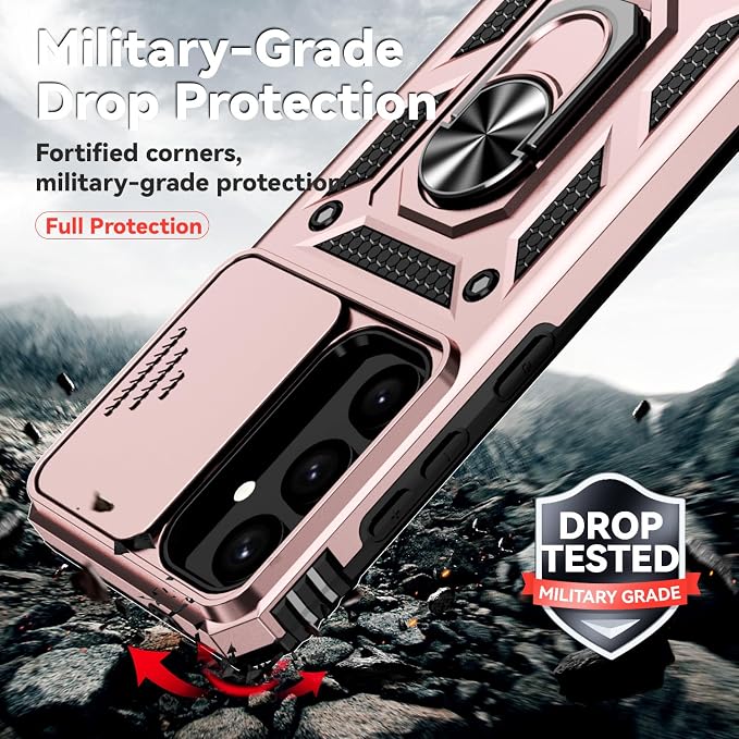 for Samsung Galaxy S24 Plus Case with Camera Lens Cover HD Screen Protector, Military-Grade Drop Tested Magnetic Ring Holder Kickstand Protective Phone Case for Samsung Galaxy S24 Plus (Rose Gold) - Image 5