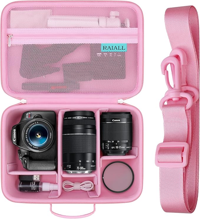 RAIALL Case for Canon EOS Rebel T7/R50/R100/Sony/Nikon D7500 Camera, Pink | for R50V/R8/R10/RP/R7/R6 Mark II/R5 DSLR SLR, Lens, Tripod, Hard Protective Travel Bag with a Shoulder Strap and 5 Dividers by RAIALL