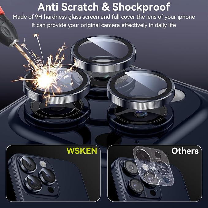 WSKEN for iPhone 15 Pro/iPhone 15 Pro Max Camera Lens Protector,[Keep Original Shooting] Shatterproof 9H Tempered Glass Camera Screen Protector Metal Ring Cover Film Accessories,Blue Titanium - Image 3
