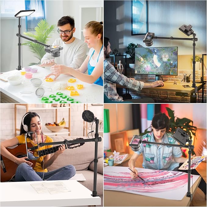 Ailight Overhead Camera Mount Desk Stand, 15.75"-33.45" Webcam Mount with 2-Section Adjustable Telescopic Boom Arm, C Clamp/Swiveling Ball Head for DSLR Camera, Ring Light, Webcam - Image 2