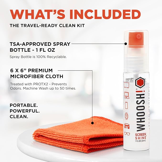 WHOOSH! Screen Shine Go – Refillable Screen Cleaner Kit, 1 fl oz | Includes 6x6" Microfiber Cloth, TSA Approved for Travel, For MacBook, Phone, iPad & Eyeglasses, Streak Free Finish - Image 2