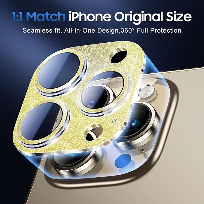 UniqueMe for iPhone 13 Pro Max/13 Pro Camera Lens Protector-Glitter Golden | 3 Pack-Acrylic, Not Glass, Case Friendly, Scratch-Resistant, Night Shooting Mode - Image 5