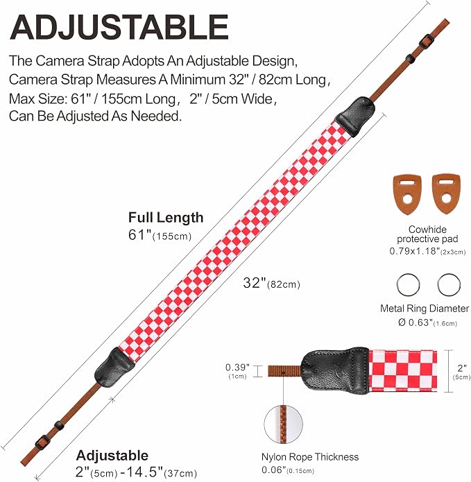 Padwa Lifestyle Red White Plaid Camera Strap - 2" Wide Double Layer Cowhide Head,Cotton Camera Straps for Photographers,Grid Pattern Adjustable Camera Shoulder Neck Strap for All DSLR Cameras - Image 5