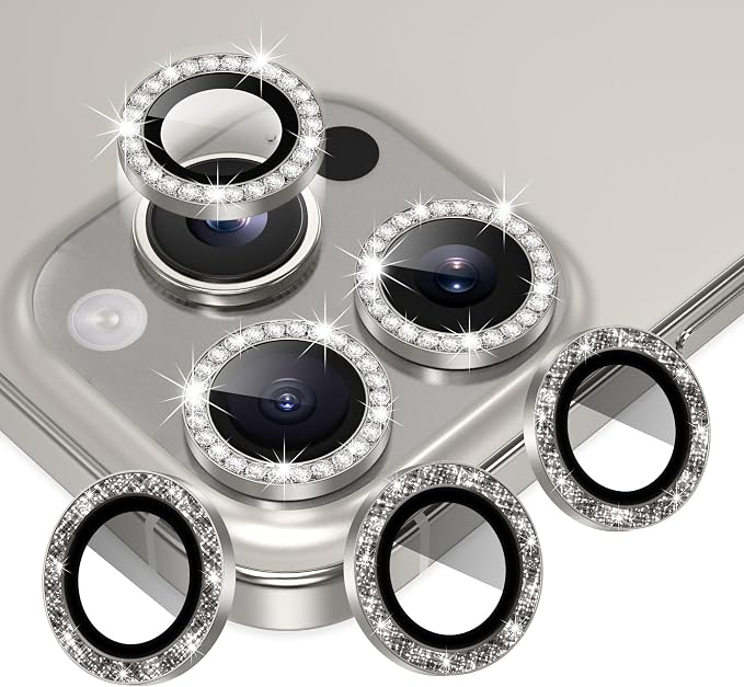 AGVEE 3+3 6 Pack for iPhone 16 Pro & Max Camera Lens Protector Cover | Individual Bling Diamond & Bling Glitter Sparkle Cute Gem Metal Ring, 9H Tempered HD Glass by AGVEE