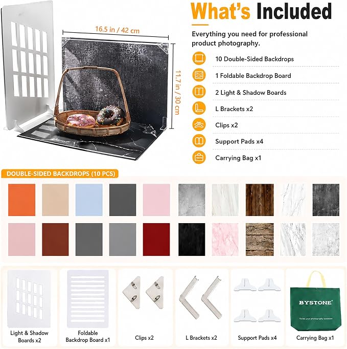 BYSTONE Photo Backdrop Board and Background Kit for Product Photography | 20 patterns, 16.5 x 11.7 in, 2 shadow props, food, beauty, jewelry and UGC shots - Image 2
