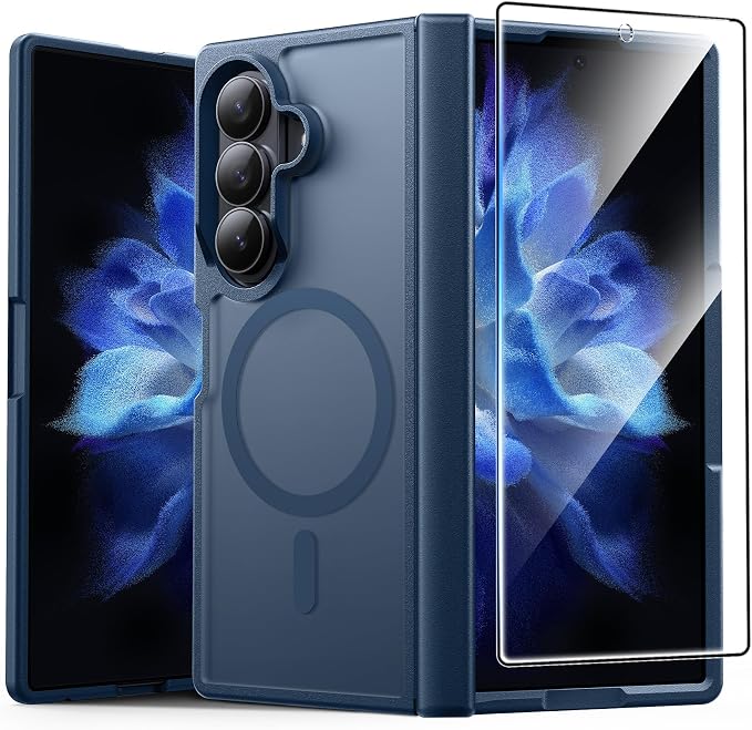 FNTCASE for Samsung Galaxy Z Fold 7 Case, Hinge Protection, Fit for Magsafe | with Screen Protector, Translucent Matte Magnetic Back, 18FT Military Grade Drop Proof, Protective Phone Cover, Blue by FNTCASE