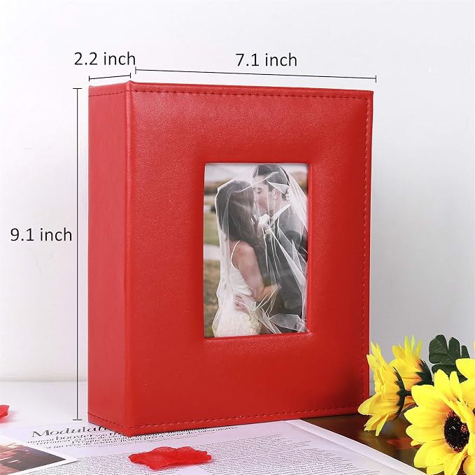 RECUTMS Photo Album 200 Photos 4x6 Pictures Leather Albums for Family Red | Black Page, Horizontal Pockets, Wedding Anniversary Baby Memory Book, DIY Cover Window, Small Photobook, 200 Photo Slots - Image 3
