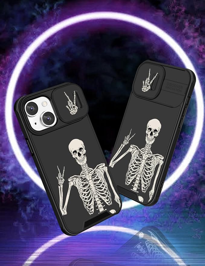 (2in1 for iPhone 15 Plus Case Skull Skeleton for Women Cute Cover Boys Gothic Spooky Funny Cool Black Design with Slide Camera Cover protective Stand Holder for iPhone 15 Plus Phone Case 6.7'' - Image 4