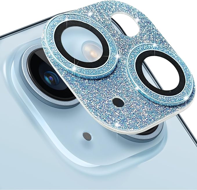 Compatible with iPhone 15 & iPhone 15 Plus Camera Lens Protector, Bling 3D Rhinestone Diamond 9H Tempered Glass Camera Cover Anti Scratch Shockproof Lens Screen Full Protective Cover - Blue by Hsefo