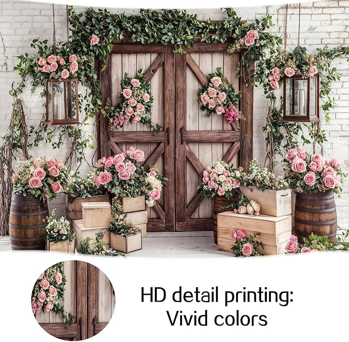 15x10ft Country Wedding Photography Backdrop Floral Rustic Roses Farmhouse Wooden Door Backdrop Pink Flower Birthday Baby Shower Wedding Bridal Party Banner Photo Booth Props Anniversary Background - Image 7