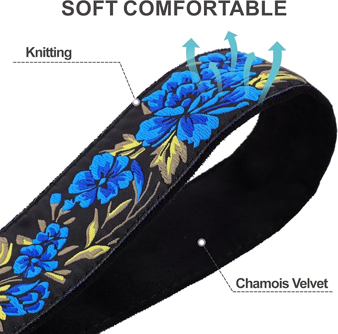 Padwa Lifestyle Blue Rose Camera Strap - 2" Full Grain Leather Ends Camera Straps for Photographers, Vintage Embroidered Cotton Soft Suede Fabric Padded Strap Quick Release fits All Cameras - Image 3