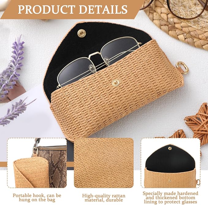 Leinuosen Woven Straw Sunglasses Case with Clip Hard Shell Rattan - Image 4