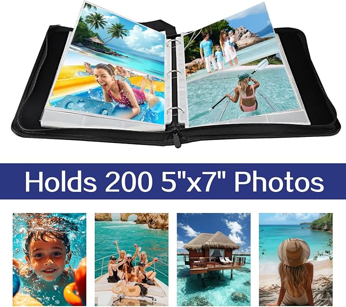 Photo Album 5x7 200 Pockets, Zip Photos Binder Album with 50Pcs Double Sided Pocket Sleeves, PU Leather Pictures Albums Folder, Seed Storage Binder Album (Black) - Image 6
