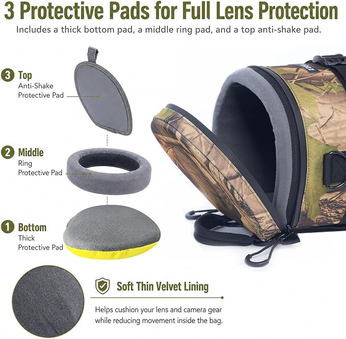 ZZQ&CCF Camera Lens Backpack for Sony FE 400-800mm f/6.3-8 G OSS Super-Telephoto Zoom Lens, Camo One Lens One Camera Bag, Water-Resistant Lens Case for Outdoor Photography # Update Jungle Leaf - Image 5
