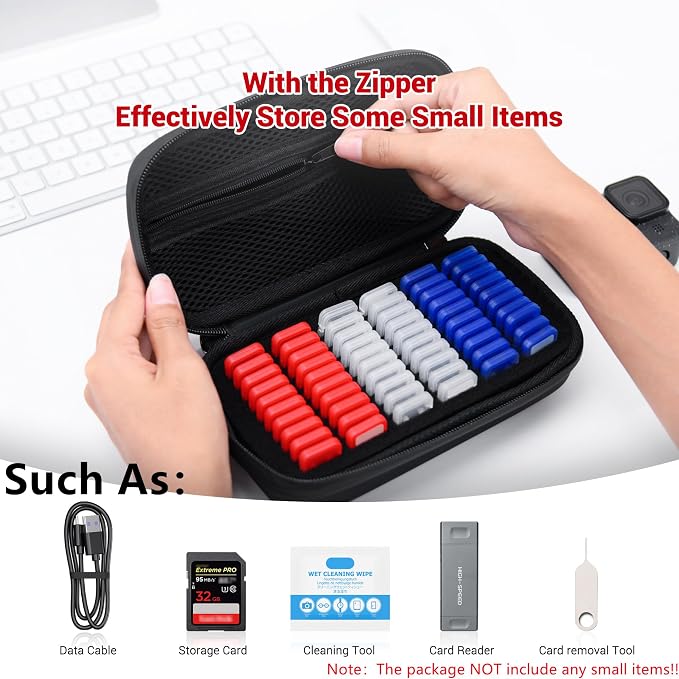 EVA PU Micro SD Card Case with 60 Individual Plastic TF Card Holders - Water-Resistant, Anti-Shock Carrying Organizer with Handle & Label - Image 5
