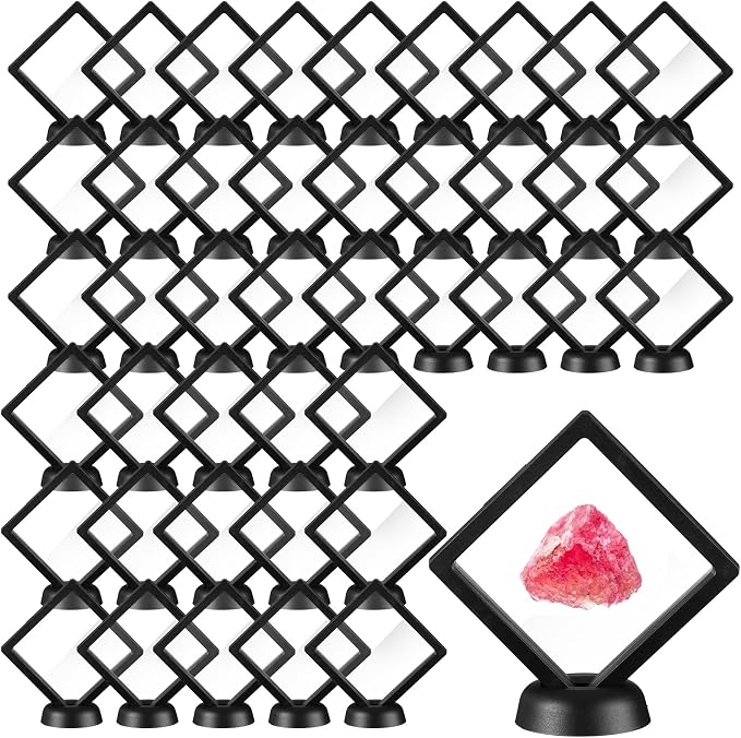 FairySandy 60 Pcs Floating Display Case Box, 3.5 Inch, Black | 3D Floating Frames with PE Film for Challenge Coin, medal, Jewelry Storage Box, Small Display Holder, Stand Base Included by FairySandy