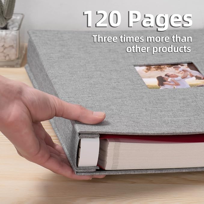 HoneyTolly Large Photo Album Self Adhesive, DIY Scrapbook Album for 600 Photos, 13"x12.6" 120 Pages Linen Cover Memory Book(Grey) - Image 3