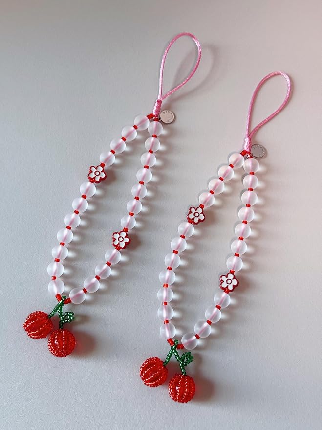 Drawwind Phone Charm Beaded Wristlet Strap Universal Cell Phone Lanyard Cute Bracelet Wrist Strap Beaded Chain String Handmade Accessories for Case Camera Bags (Cherry Crush) - Image 6