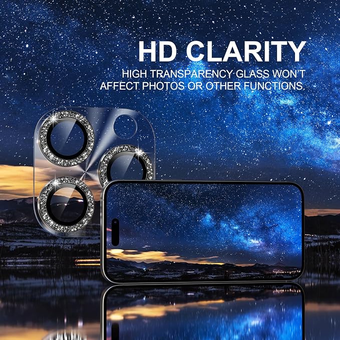 Choiche for iPhone 16 Pro/iPhone 16 Pro Max Camera Lens Protector | Bling Camera Cover with 9H Tempered Glass Lens Screen Protector Metal Ring Decoration Accessories (Clear-Black) - Image 5