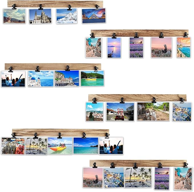 6 Wooden Wall Hanging Photo Frames With 27 Clips, Decorative Collage Picture Frame, No Drilling Required, Adhesive Stickers, Easy to Install, Carbonized Brown by AIYOME