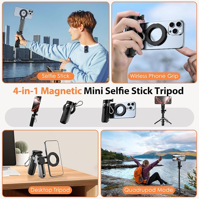 CloudValley Upgraded Magnetic Mini Selfie Stick Tripod with 2 Fill Lights, 4-in-1 Pocket Size Phone Tripod with 360° Rotation, Rechargeable Bluetooth Remote, Foldable Grip for iPhone Vlog Photo Video - Image 3