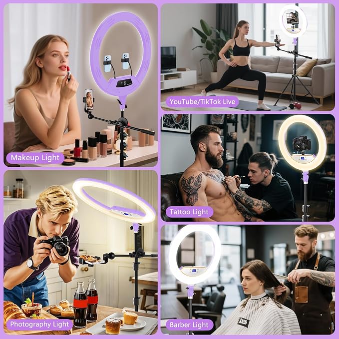 MACTREM Professional 22" Ring Light with Stand, Overhead Phone Mount | LCD Display, Phone Tablet Holders, 2 USB Ports, 75" Tripod for Barber Makeup Tattoo TikTok Video Recording Vlog - Image 2