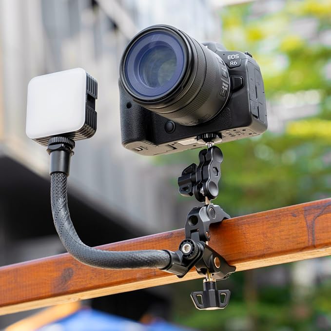 JJC DSLR Super Clamp Camera Mount,Dual Ball Head,w. 1/4"-20 3/8"-16 Thread | Aluminum Pole Mount for Monitor,with Action Camera Mount and Phone Clip,Universal Crab Clamp for Desk Tripod Tube Rod - Image 7