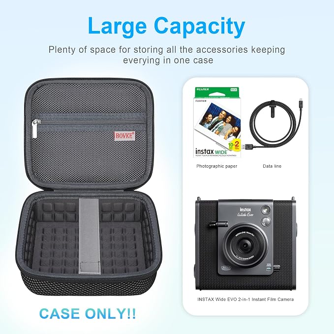 BOVKE Carrying Case for Fujifilm INSTAX Wide EVO 2-in-1 Instant Film Camera and Printer, Wide EVO Instant Camera Storage Bag Holder with Mesh Pocket for Film Filters, Cables, Film Packs, Black - Image 2